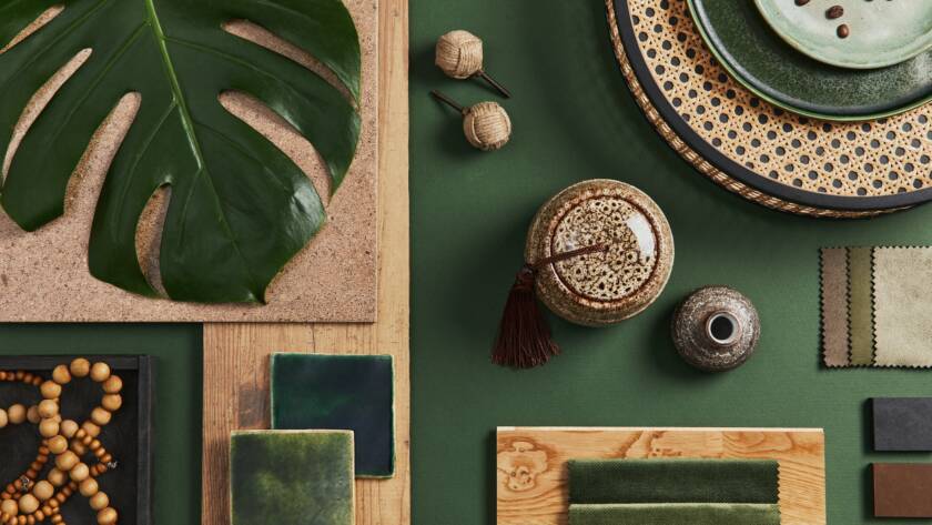 Stylish flat lay composition of creative architect moodboard design