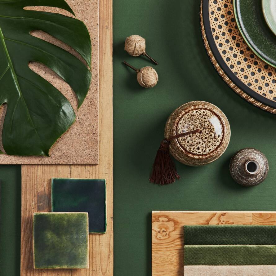 Stylish flat lay composition of creative architect moodboard design